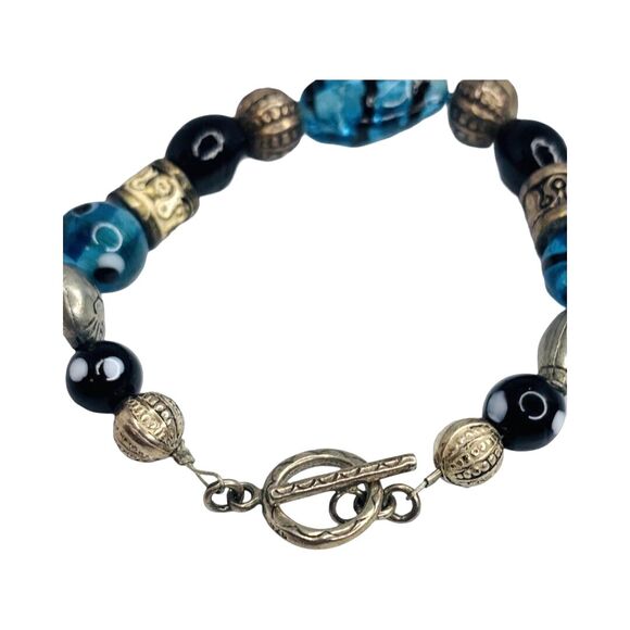 Vintage Blue Glass 925 Sterling Silver Bracelet 8" Toggle Clasp Signed - Picture 9 of 10